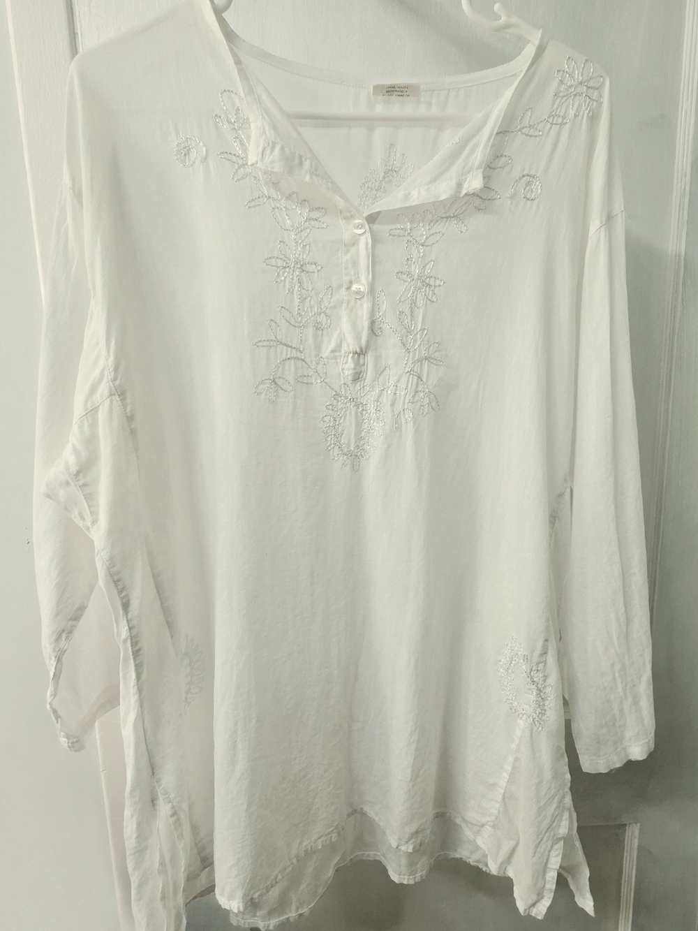Women’s White Embroidered Henley Tunic Top